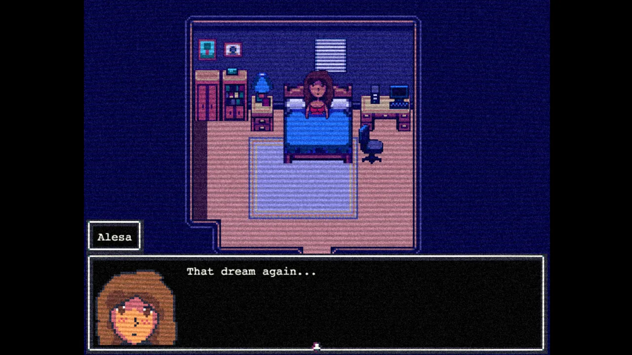 A House for Alesa screenshot: Alesa in bed in her blue room, saying That dream again...