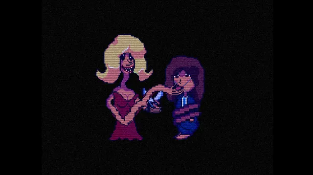 A House for Alesa screenshot: the smiling blonde mother holds a blade to a bound woman's hand on a black background