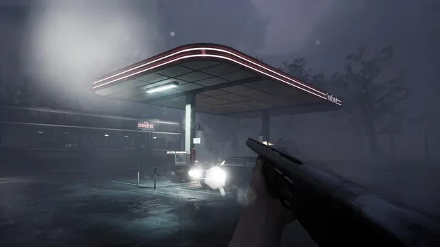 A.I.L.A screenshot: holding a shotgun at a foggy roadside gas station and diner at night, a car's headlights glaring