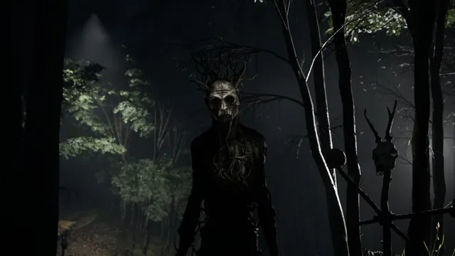 A.I.L.A screenshot: a tall figure with a skull face and a crown of branches stands among dark trees at night