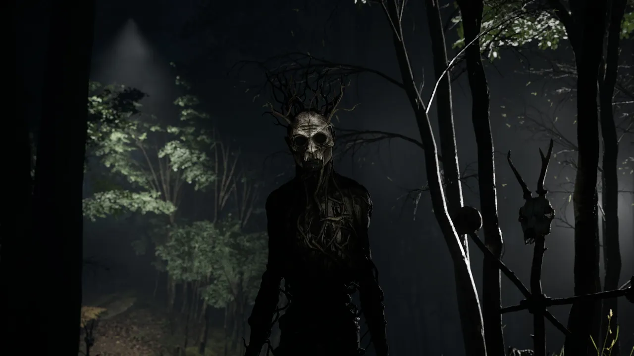 A.I.L.A screenshot: a tall figure with a skull face and a crown of branches stands among dark trees at night