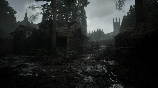 A.I.L.A screenshot: a muddy medieval village of thatched huts under a grey sky, a church tower beyond the trees