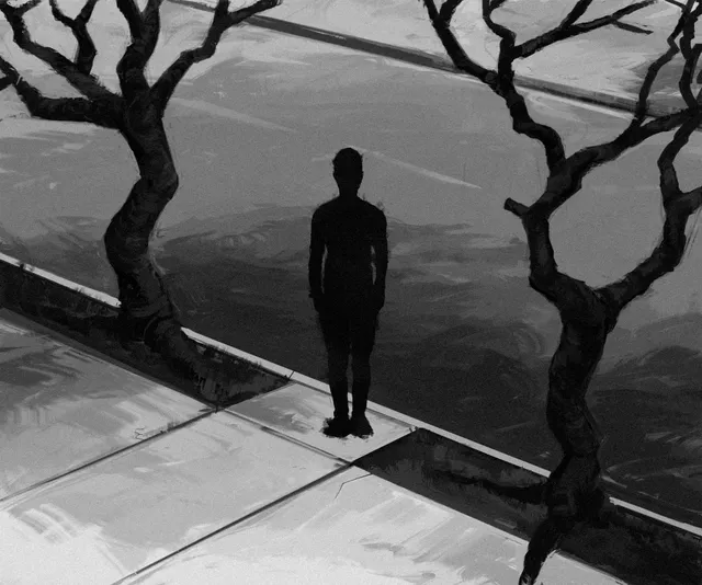 a man outside illustration: a dark silhouette of a man standing on a grey pavement between two bare, twisted trees