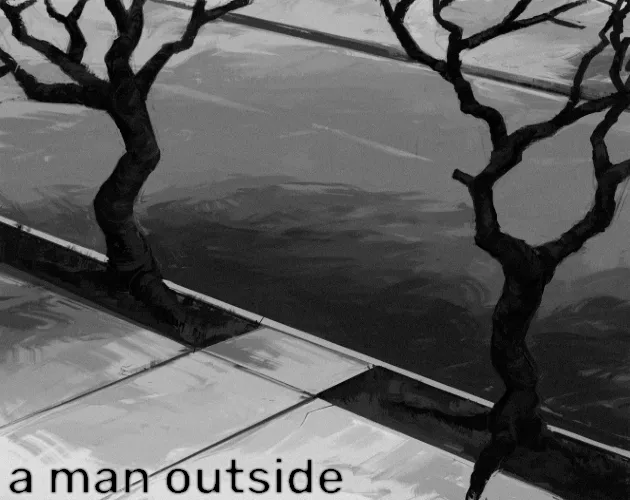 a man outside cover: a grey ink drawing of an empty pavement and two bare trees, with the title in the corner
