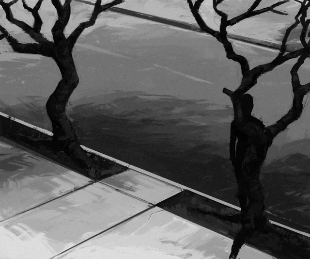 a man outside illustration: the same street with a dark figure half hidden behind one of the trees