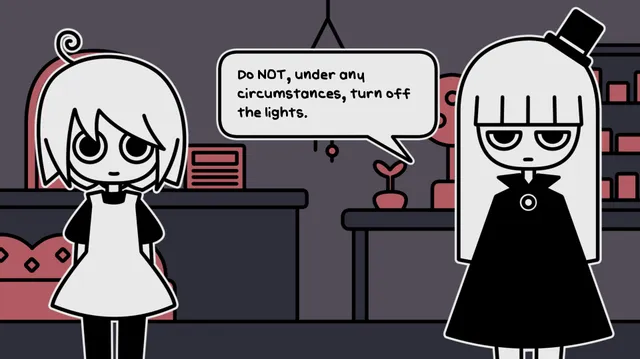 a pet shop after dark screenshot: the shop owner in a black cloak and top hat tells the white-haired petsitter, 'Do NOT, under any circumstances, turn off the lights.'