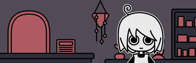 a pet shop after dark key art: a round-eyed cartoon girl with white hair and a curl on top stands in a grey and pink shop beside a hanging lamp and shelves