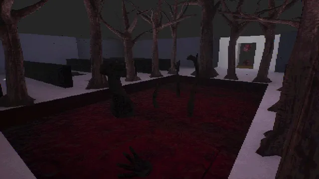 A courtyard of dead trees around a blood-red carpet, with a dark figure among them