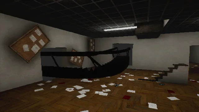 A staircase twisted and broken in a room strewn with papers