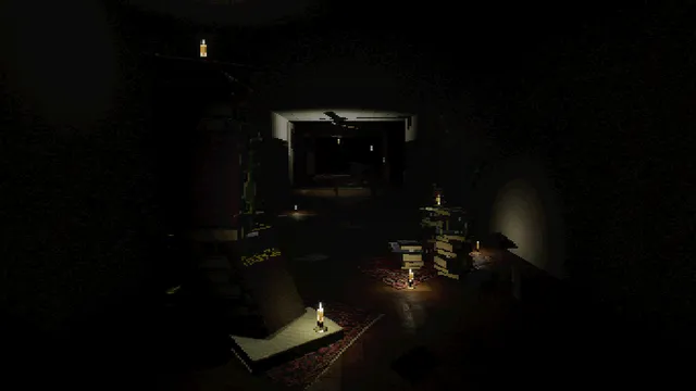 Candlelit book stacks in a dark corner of the Library