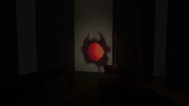 A red, wound-like shape on the wall of a dark room