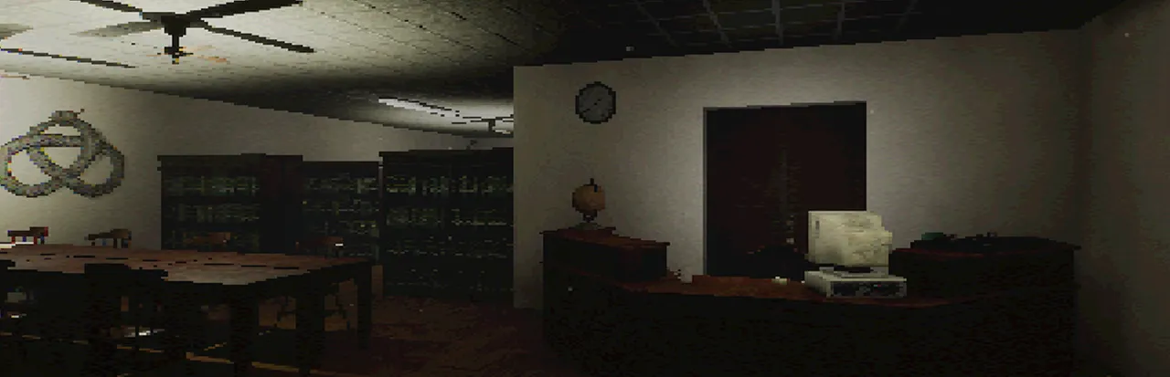A Place, Forbidden: the Library reading room with an ouroboros knot on the wall, bookshelves and an old computer on the front desk