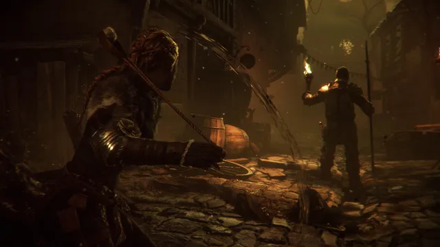 Amicia crouches with her sling in a dark street while a soldier carrying a torch walks past