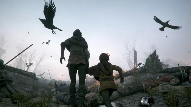 Amicia and Hugo run hand in hand across a battlefield strewn with dead soldiers as crows fly up