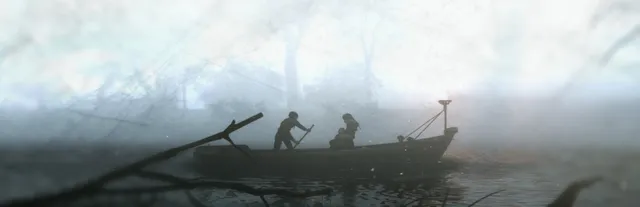 A Plague Tale: Innocence key art: Amicia and Hugo in a small rowing boat on a pale, misty river among bare branches