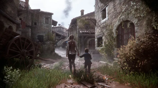 Amicia leads Hugo by the hand down a stone village street