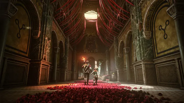 Amicia and Hugo walking through a vast ornate hall carpeted in red petals, carrying a torch