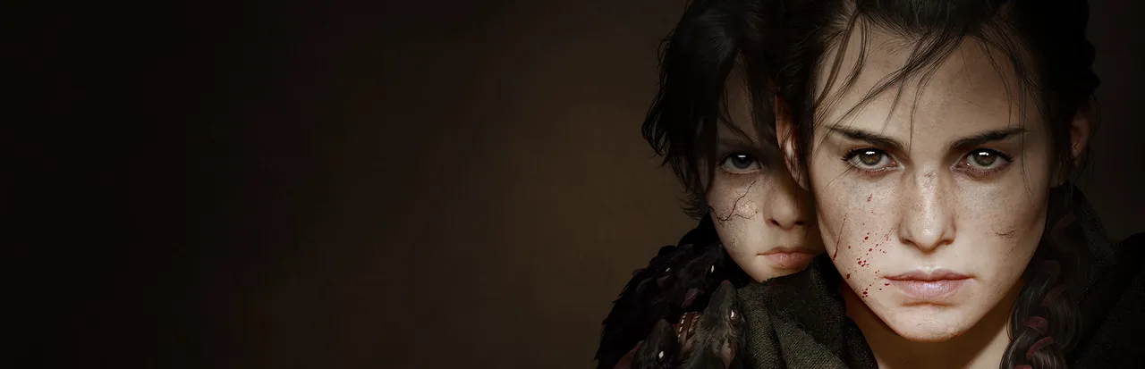 A Plague Tale: Requiem key art: Amicia with blood on her face, her little brother Hugo resting his head on her shoulder