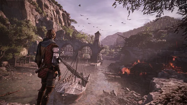 Amicia looking over a burning riverside town and a stone bridge, a boat moored below