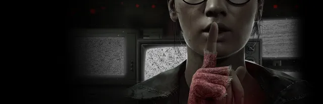 A Quiet Place: The Road Ahead key art: Alex Taylor in glasses holding a gloved finger to her lips in front of static-filled televisions