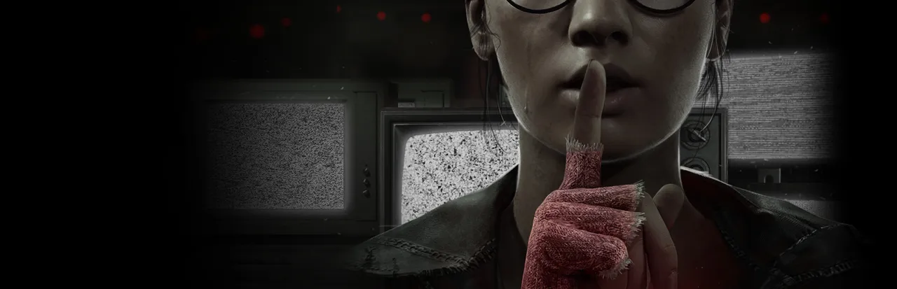 A Quiet Place: The Road Ahead key art: Alex Taylor in glasses holding a gloved finger to her lips in front of static-filled televisions