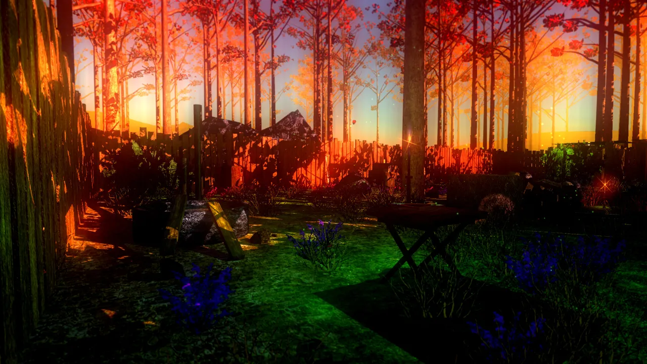 A fenced garden in an autumn forest, the trees glowing red and orange in low sunlight