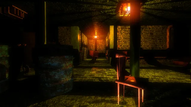 A dim stone hall with wooden pillars, a chair and a hanging lamp glowing at the far end