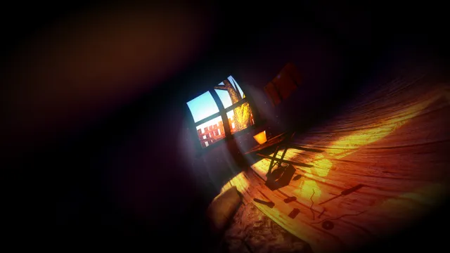 The inside of a wooden shed seen at a tilted, warped angle, sunlight coming through its one window