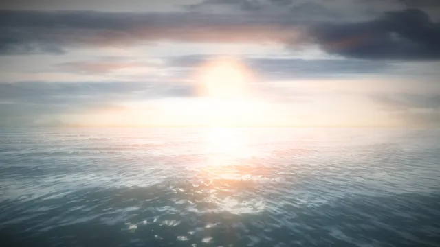 An open sea under a pale sun and heavy clouds