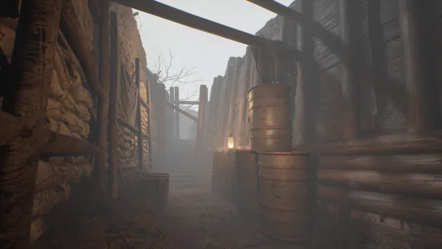 A foggy wooden trench with sandbags, barrels and a lantern