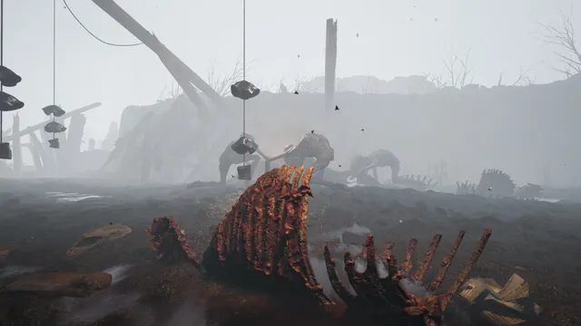 A misty No Man's Land with a bloody ribcage in the mud and hunched creatures under hanging helmets
