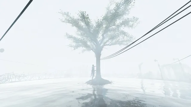 A soldier stands under a lone tree in a white, flooded landscape crossed by cables
