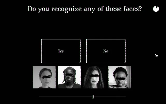 Aephemera screenshot: the question Do you recognize any of these faces? above four photographs with the eyes blacked out and Yes and No buttons