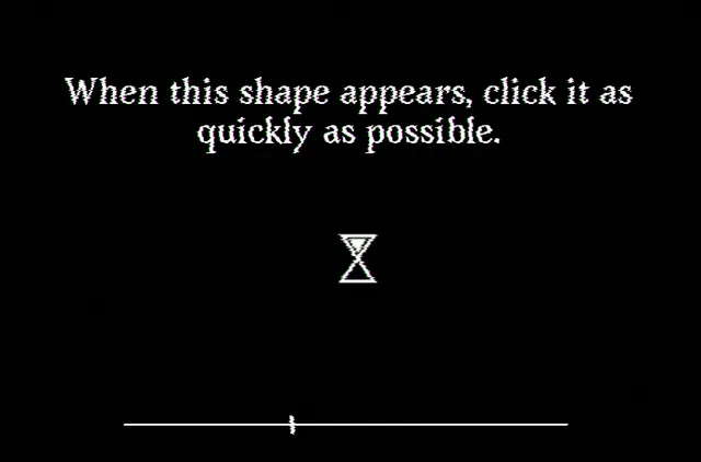 Aephemera screenshot: the instruction When this shape appears, click it as quickly as possible, above an hourglass shape and a timer bar