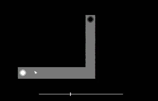 Aephemera screenshot: a grey L-shaped path to trace with the cursor from one dot to another