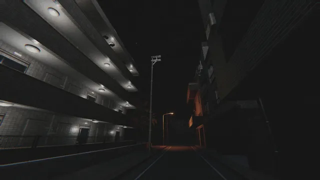 An apartment block's lit open walkways beside a dark street at night, with a grainy VHS look