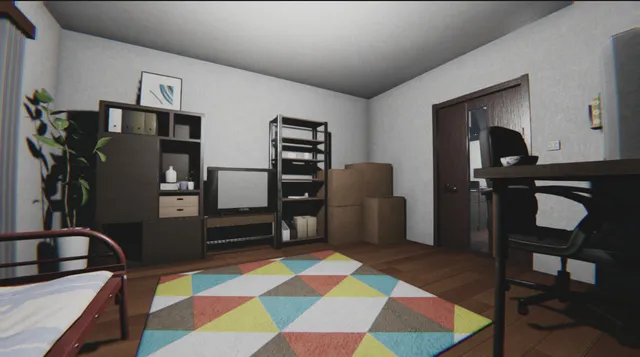 A small, tidy Japanese apartment room with a bed, an old television, boxes and a desk