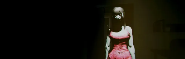 Akai Onna key art: the pale woman in a red dress standing in a dark apartment doorway, face in shadow, with a VHS grain
