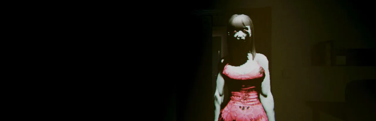 Akai Onna key art: the pale woman in a red dress standing in a dark apartment doorway, face in shadow, with a VHS grain