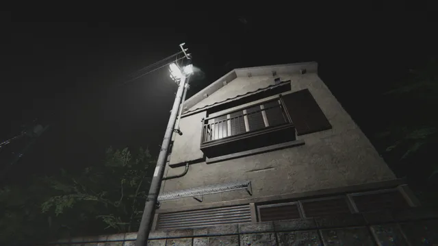 Looking up at a plain two-storey Japanese house beside a street lamp at night