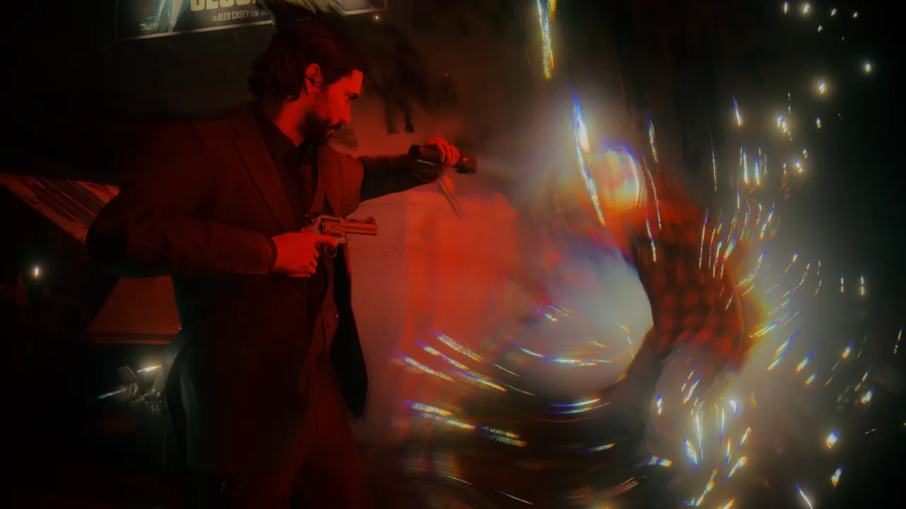 Alan Wake 2 screenshot: Alan Wake fires a pistol as sparks and light burst from a shadowy enemy