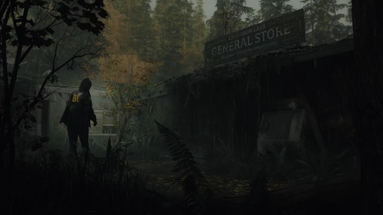 Alan Wake 2 screenshot: a figure in an FBI jacket walks toward an old general store in a dark, rainy forest