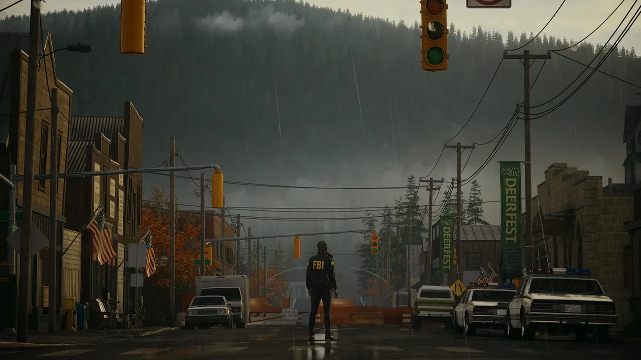 Alan Wake 2 screenshot: an agent in an FBI jacket stands in a rainy Bright Falls street hung with Deerfest banners