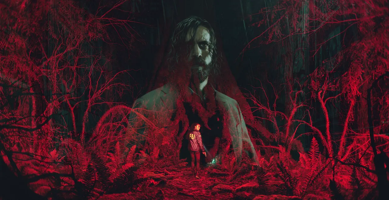 Alan Wake 2 key art: Alan Wake's face looms over a red-lit forest where a small figure stands with a flashlight