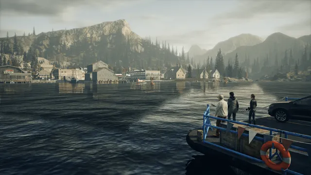 Alan Wake Remastered screenshot: three people stand on a ferry approaching the lakeside town of Bright Falls under mountains