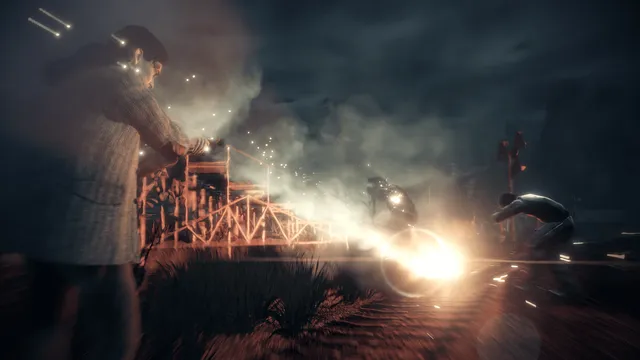Alan Wake Remastered screenshot: Alan fires a flare gun at shadowy Taken by a railway crossing at night, sparks and smoke filling the air