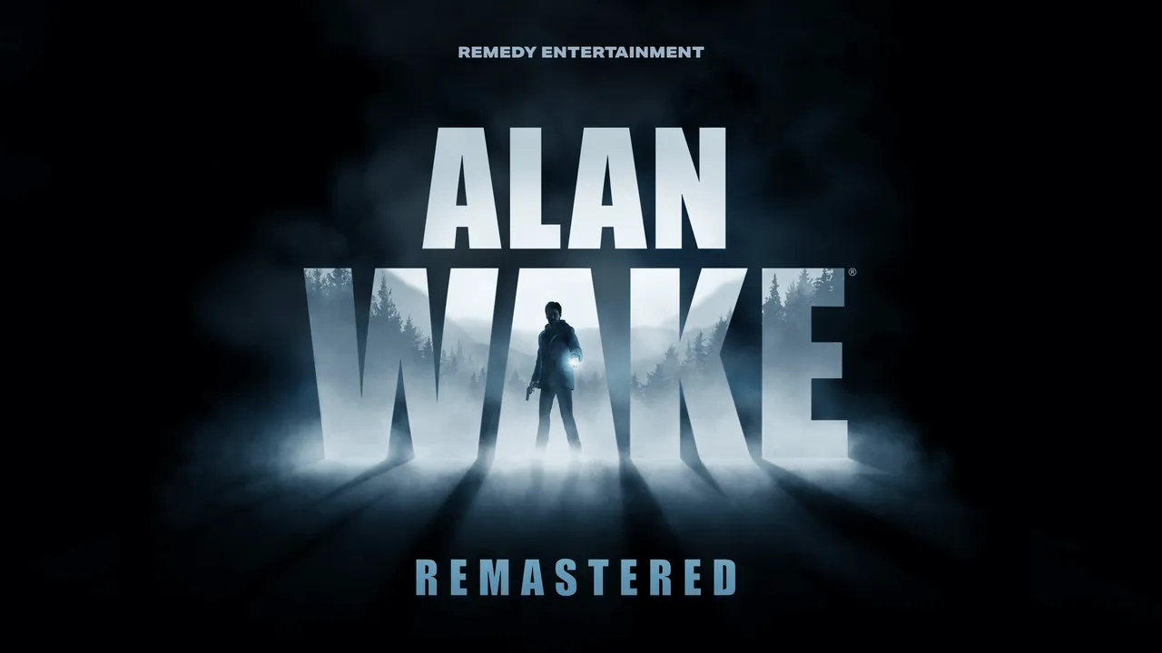 Alan Wake Remastered key art: Alan Wake's silhouette with a flashlight and a gun stands inside the letters of the title against a misty forest