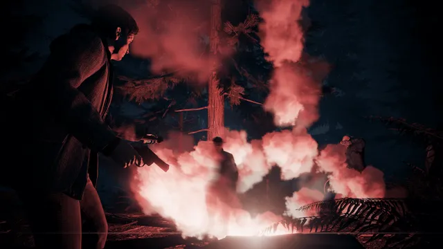 Alan Wake Remastered screenshot: Alan aims a revolver as a red flare lights smoke and dark figures among the pine trees