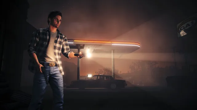 Alan Wake holding a flashlight in front of a neon-lit gas station at night