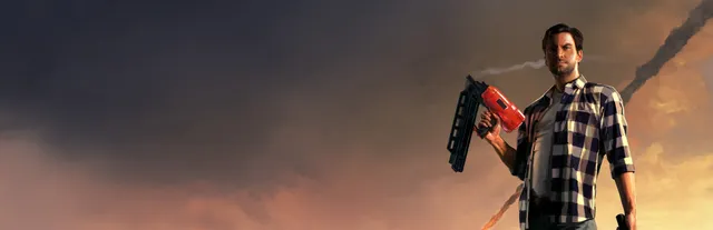 Alan Wake in a plaid shirt holding a red nail gun against a smoky orange desert sky
